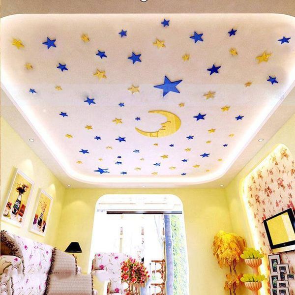 

3d stars moon wall stickers set acrylic roof ceiling decorative kids bedroom cartoon stickers living room starry sky decor wallp