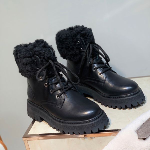 

designer womens boots luxury black leather lace-up with fluff round head high heel with box size 35-40