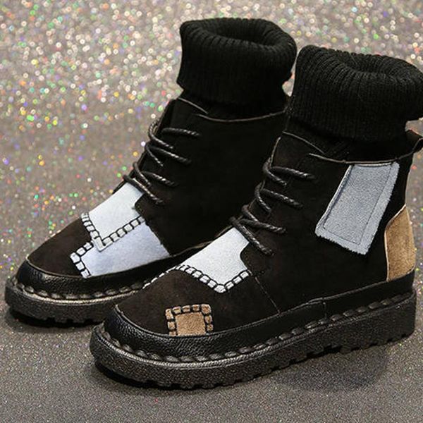 

женская кружева ботильоны up мода женский шитье повседневная женщина snow boots дамы flock обувь женщины лоскутная flats 2020, Black