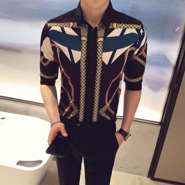 

fashion print shirt men 2020 summer casual slim fit streetwear social dress shirts camisa masculina night club bar blusa homme, White;black
