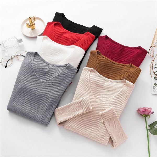 

women long sleeve sweater autumn winter knitted sweater v-neck shirt pullovers1, White;black