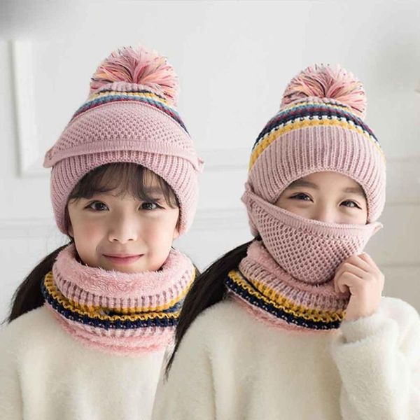 

girls winter plus velvet children's knit hat bib mask three-piece warm thick hat