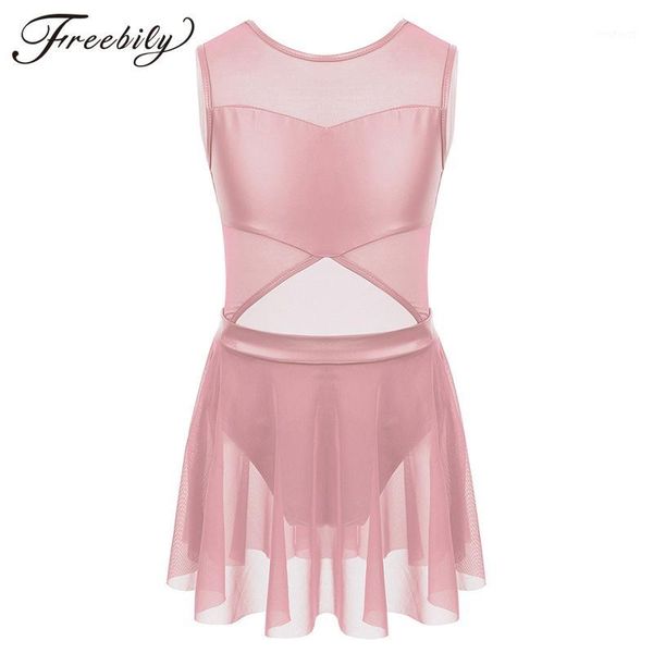 

kids teens sleeveless faux leather tulle mesh splice ballet dance costume gymnastics leotard girls figure ice skating dress1, Black;red