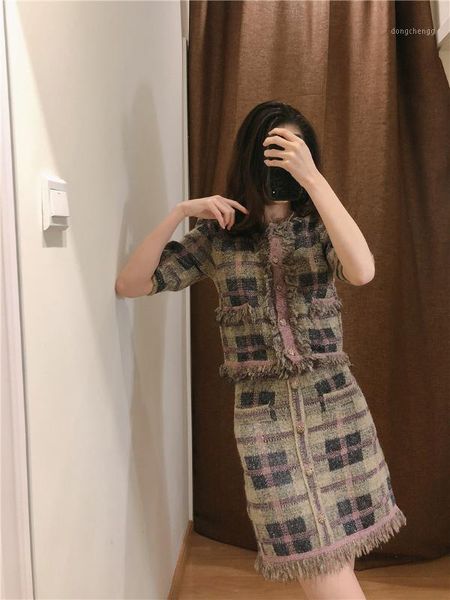 

spring and autumn new street style british style elegant check plaid jacket women, high waist was thin a-line skirt suit women1, White