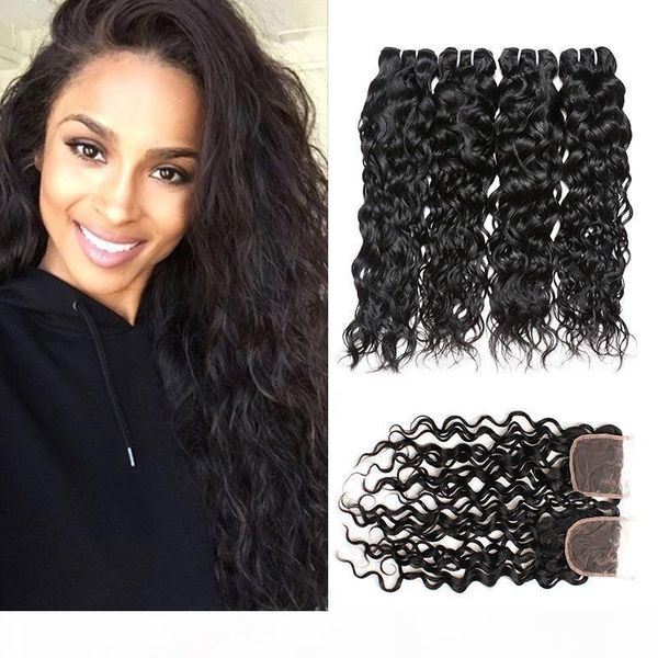 

water wave bundles with closure 8a brazilian virgin hair wet and wavy hair extensions 4 bundles with 4x4 lace closure 5pcs lot, Black