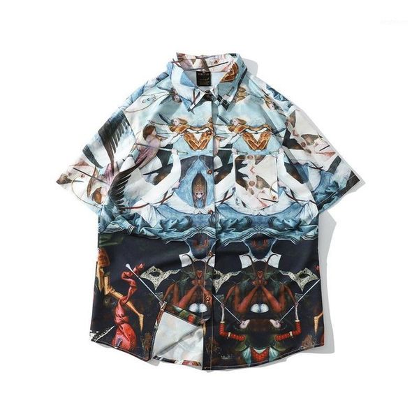 

men's casual shirts retro abstract oil painting and short-sleeved male summer loose leisure flower shirt1, White;black