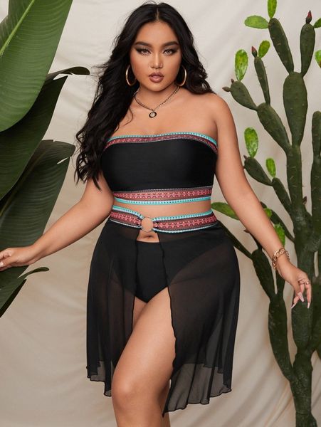 

plus geo trim bandeau bikini swimsuit & beach skirt j3yg#, Black