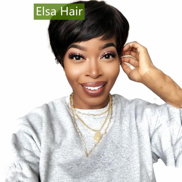 

short bob pixie cut wigs with bangs non lace front human hair wigs full machine made straight humanhair wig for black women, Black;brown