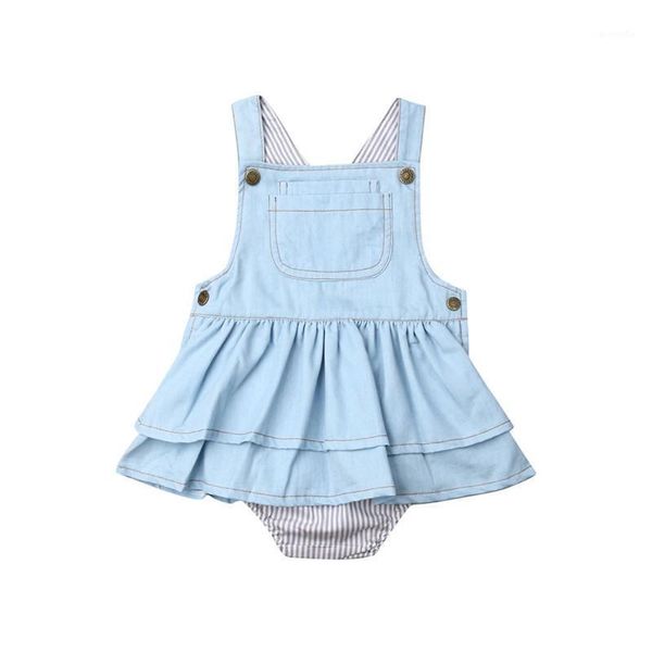 

summer kids baby girl denim romper fashion sleeveless strap jumpsuit baby girl clothes layeres ruffles sling playsuit 0-4y1, Blue