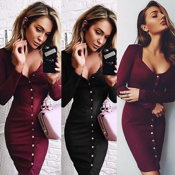 

fation bodycon sheath dress long sleeve party dresses women clothing back full button robe femme pencil tight dress, Black;gray