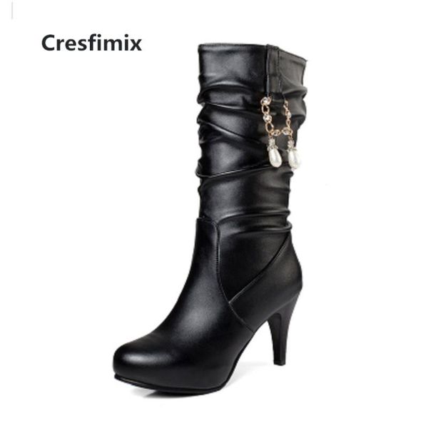 

cresfimix bottes femme women cool comfortable black pu leather autumn & winter long boots lady casual style boots botas b3067