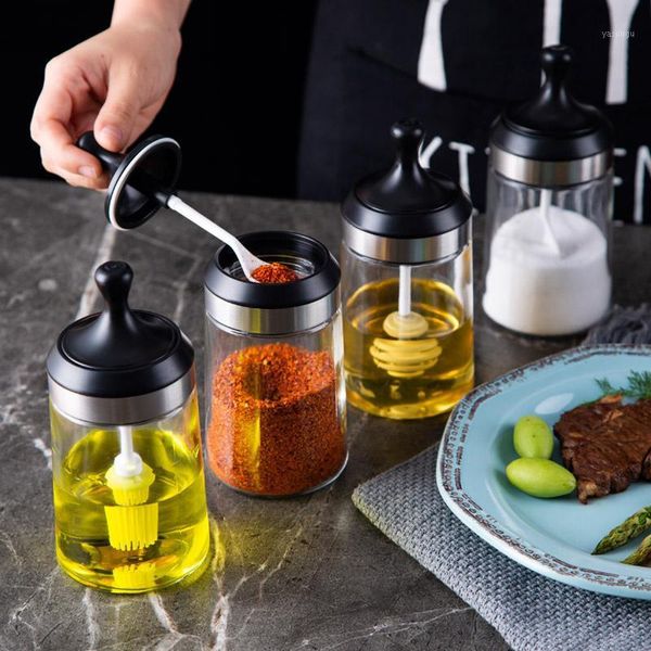 

glass jar with spoon seasoning spices caster kitchen condiment box transparent tank household salt shaker cruet bottle1