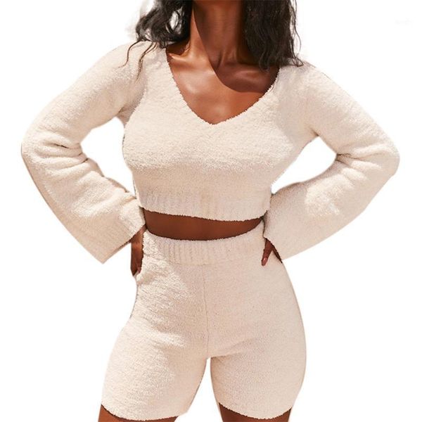 

women two piece solid plush warm set long sleeve v neck crop high waist shorts female fashion party club winter outfits1, Gray