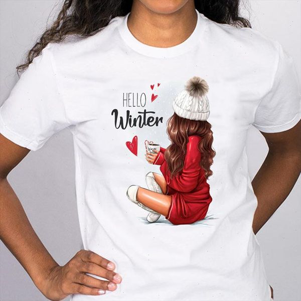 

women cartoon coffee merry christmas graphic cute winter 90s holiday tees clothes print lady female t shirt t shirt, White