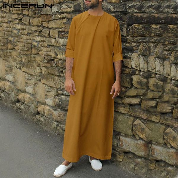 

incerun muslim men islamic arab kaftan solid color o neck long sleeve jubba thobe loose middle east dubai men robes abaya s-5xl1, Red