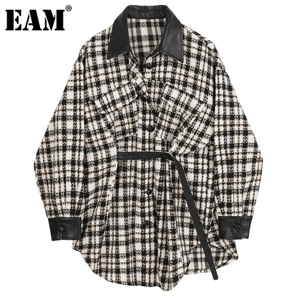 

[eam] loose fit black pu leather plaid big size woolen coat parkas new long sleeve women fashion tide autumn winter 2021 1dc604 201216