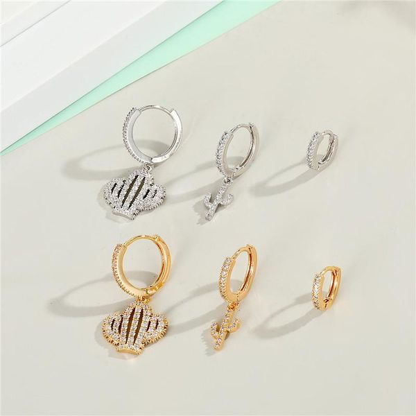 

hoop & huggie 3 pairs cute metal zircon cactus earrings set for women jewelry fashion shiny crystal plant small circle, Golden;silver