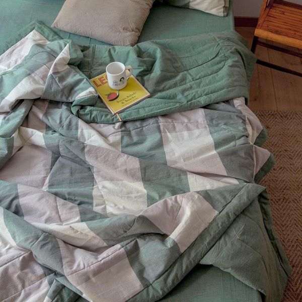 

summer washed cotton air-conditioning quilt soft breathable blanket thin stripe plaid comforter bed twin queen cover king size