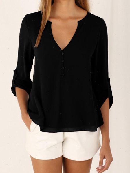 

s 5xl women deep v neck shirts 2021 summer button long sleeve ladies chiffon shirts solid elegant black casual blouses, White