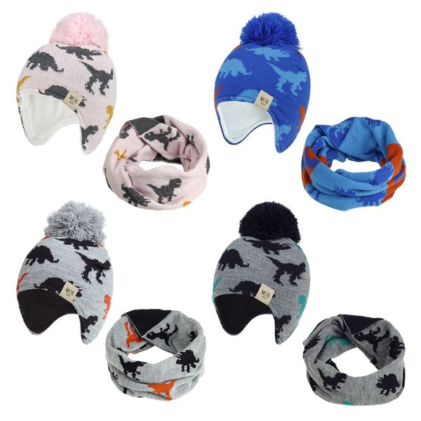 

new kid hat scarf set winter boy earflap beanie dinosaur acrylic fleece autumn warm pompom dobby skiing outdoor baby accessory, Yellow