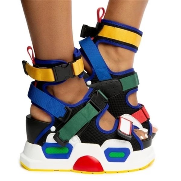 

swonco chunky sandals women summer shoes high ankle belt 2020 female blue/red/yellow casual shoes wedges platform sandals y200702, Black