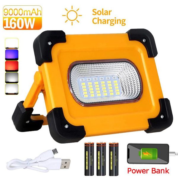 

160w portable led work light solar lights 28000lm cob flood light 9000mah power bank lamp with magnetic base for car repairing