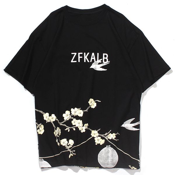 

2021 new aeflric eden hiphop harajuku oversize short sleeves streetwear fashion plum blossom alphabet character print t shirt men ogm2, White;black