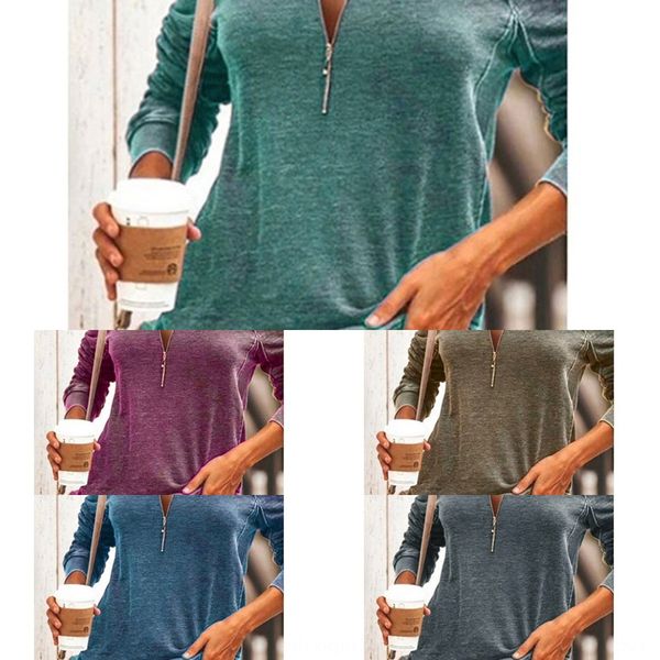 

autumn 2020 women's new zipperv-neck zipper large long sleeve for women autumn 2020 women's new zippert-shirt zipperv-neck zipper, White