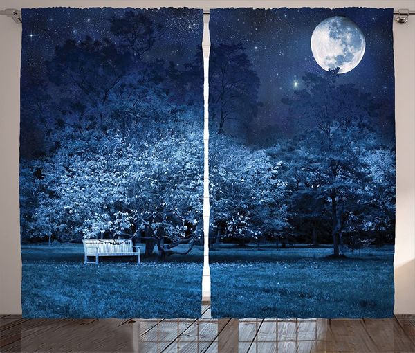 

fantasy curtains surreal scene of full moon night in the park with bench under tree print living room bedroom window drapes navy