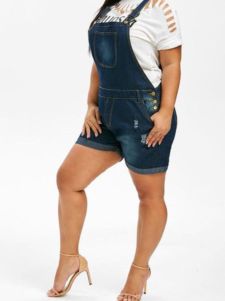 

plus size blue ripped denim overalls women mid-waist denim braces shorts large size casual pants 4xl 5xl