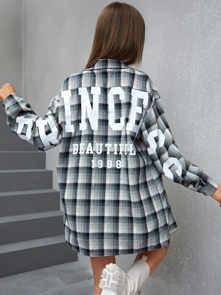 

plaid & letter graphic drop shoulder blouse j178#, White