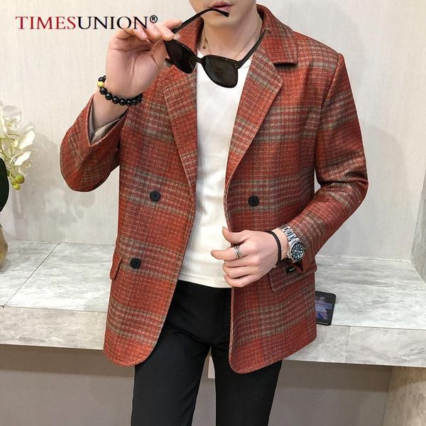 

men's wool & blends 2021 autumn winter double-breasted windbreaker slim short men woolen coat fashion retro plaid thick casual, Black