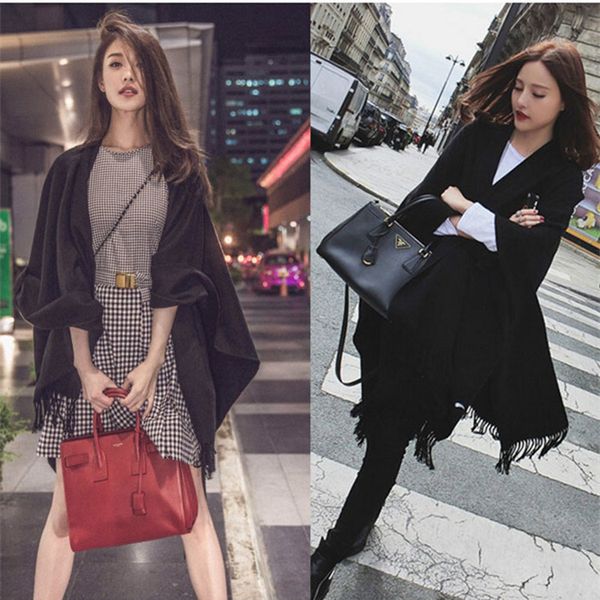 

extra large scarf in autumn winter women's imitation cashmere pure black warm with split shawl and thickened cape, Blue;gray