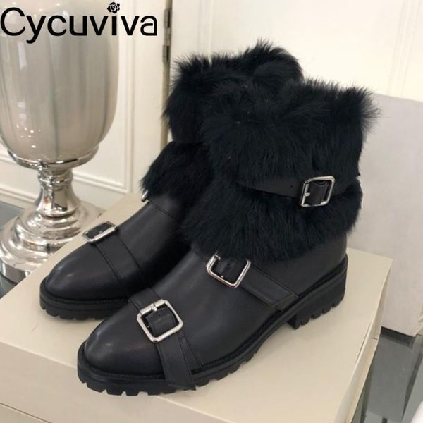

fashion leather buckle ankle boots hair platform motorcycle boots women real leather flat knight runway shoes woman, Black