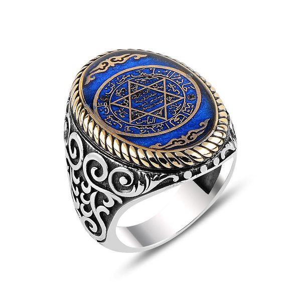 

new trendy islamic amulet ring khatam suleiman the seal of solomon muhru suleiman hexagram sign english 925 silver ring for men j0112, Slivery;golden