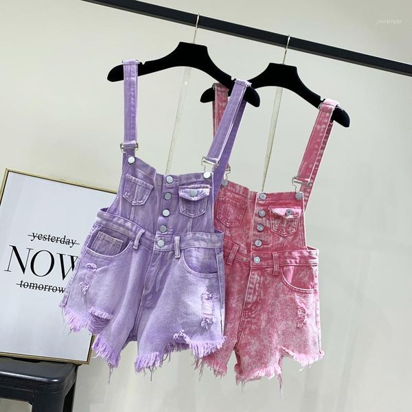 

women's jeans summer high waist bib overalls pink ripped hole jumpsuit cute young girls shorts fashion button pocket denim jeans1, Blue
