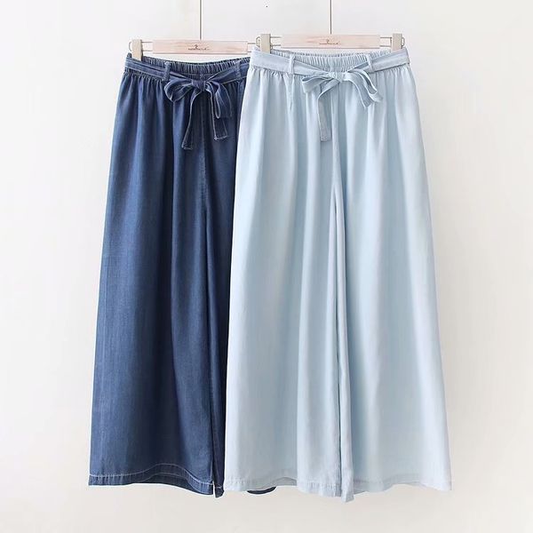 

spring 2020 new style elastic waist lace up tencel denim capris wide leg pants, Blue