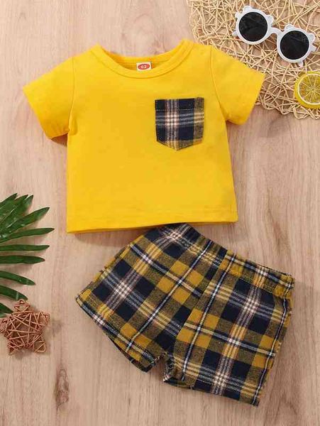 

baby pocket patched tee & plaid print shorts she, White