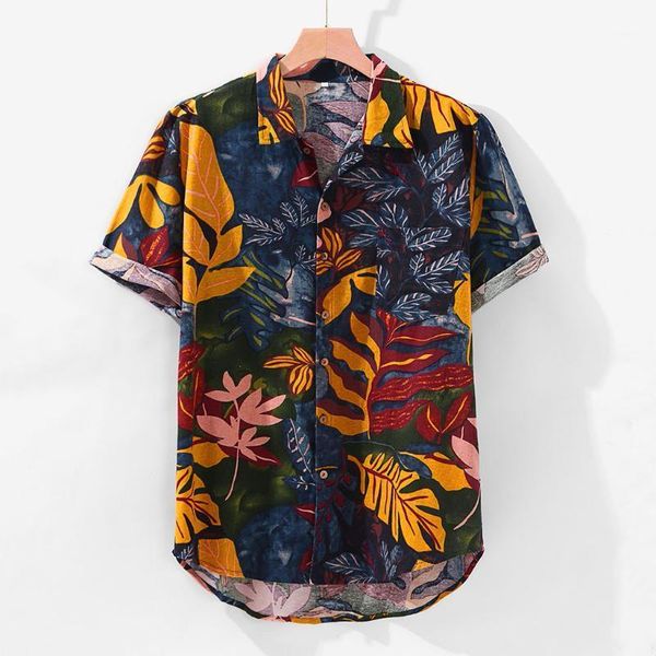 

summer men shirts streetwear loose hawaiian beach shirt breathable leaves printing soft linen shirts camisa social masculinas1, White;black