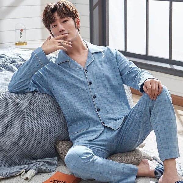 

100% cotton pijama set for men 2 pieces lounge sleepwear pyjamas plaid spring home clothes man plus size pure cotton pajamas set1, Black;brown