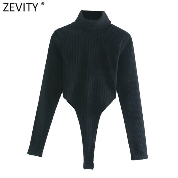 

zevity new women fashion turtleneck collar slim knitting bodysuits long sleeve high streey black siamese chic rompers s492 q1219, Black;white