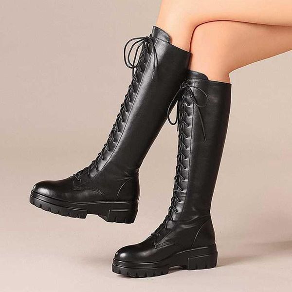 

riding boots women new winter keep warm shoes thigh high boots cow leather thick bottom lace up knight mujer, Black