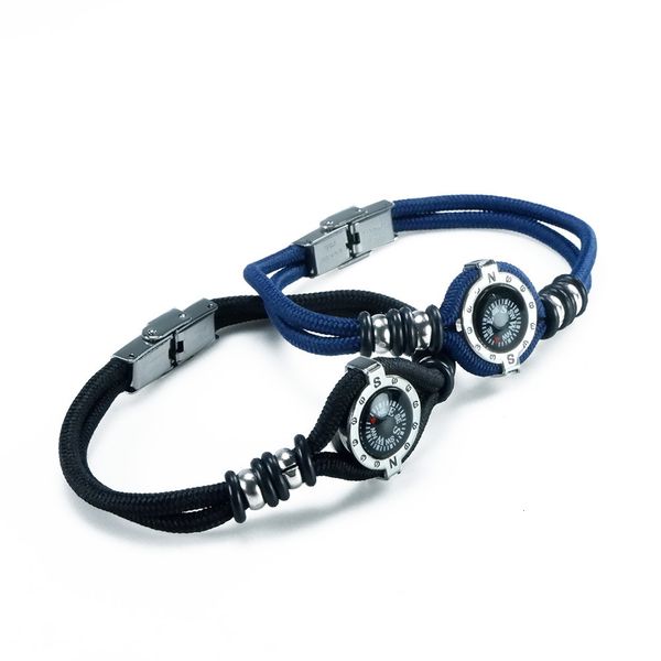 

compass black blue stainless steel double leather bracelet, Slivery;golden