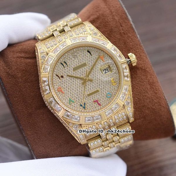 

2020 luxury 41mm 126300 full diamond 18k gold cal.3255 autoamtic mens watch diamonds skittles arabic dial diamond bracelet gents watches, Slivery;brown