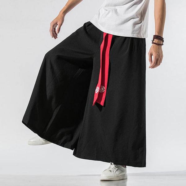 

men's pants 2021 spring men wide leg mens cotton linen joggers retro trousers man chinese style male big crotch robe pant, Black