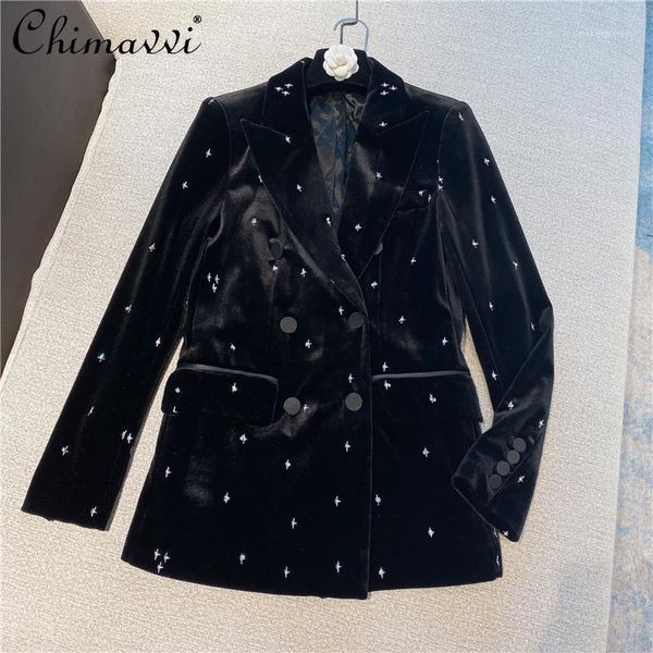 

women's suits & blazers 2021 autumn and winter retro gold velvet suit jacket loose shiny rhinestone mid-length blazer coat women1, White;black