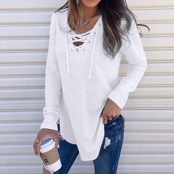 

female bandage blouse v neck strap long sleeve shirt 2020 summer white shirt womens and blouses causal tunic