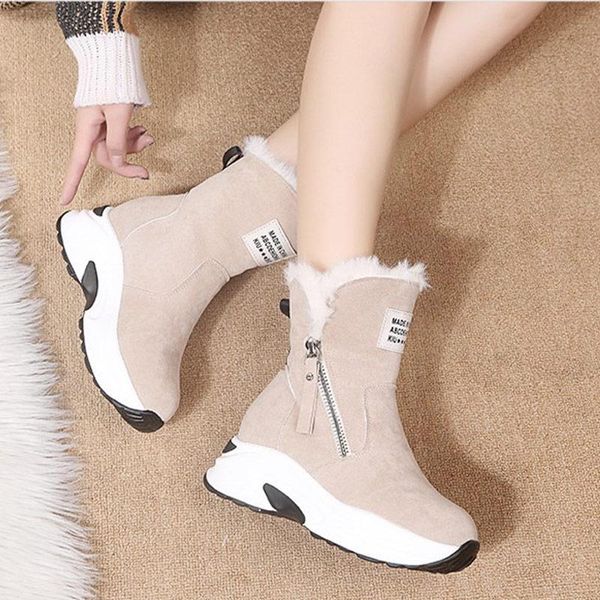 

women platform faux fur ankle boots ladies zipper short plush suede short boots female winter warm mid heels personal shoes, Black