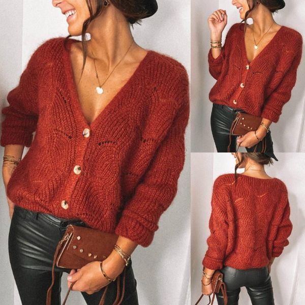 

casual women knitted cardigans winter 2020 fashion v-neck single breasted loose sweater coat, White