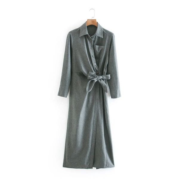 

2021 new autumn grey knotted midi women fashion sleeve collared wrap long dress side knot tie button up casual dresses 5ejg, Black;gray